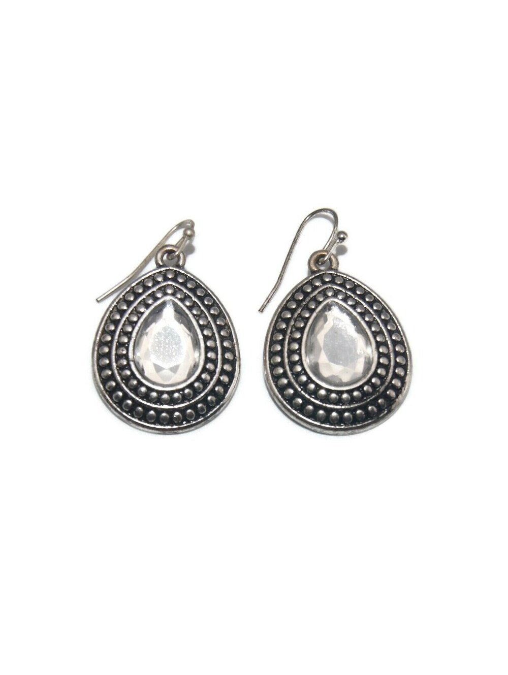 Vintage Silver Tone and Clear Resin Teardrop Dangle Earrings.